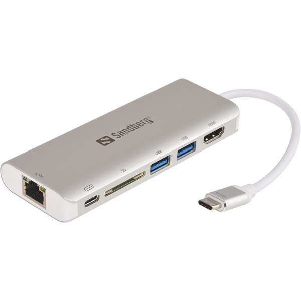 Kábel Átalakító - USB-C Dock HDMI+LAN+SD+USB,61W (ezüst; USB-C bemenet; SDkártya+HDMI+USB3.0+USB-C+RJ45 kimenet